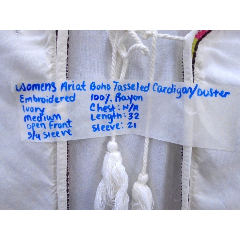 Ariat Womens Medium Boho Tasseled Cardigan Duster Embroidered Ivory 100% Rayon - Picture 4 of 11